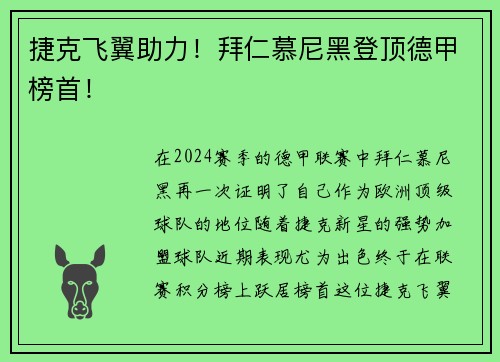 捷克飞翼助力！拜仁慕尼黑登顶德甲榜首！